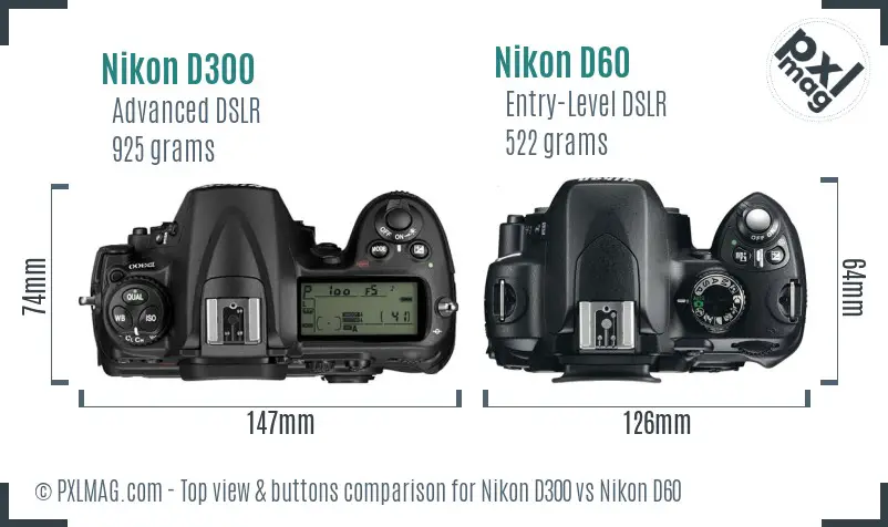 Nikon D300 vs Nikon D60 top view buttons comparison Nikon D300 vs Nikon D60 top view buttons comparison