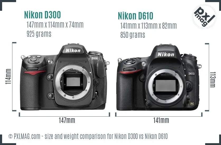 Nikon D300 vs Nikon D610 size comparison