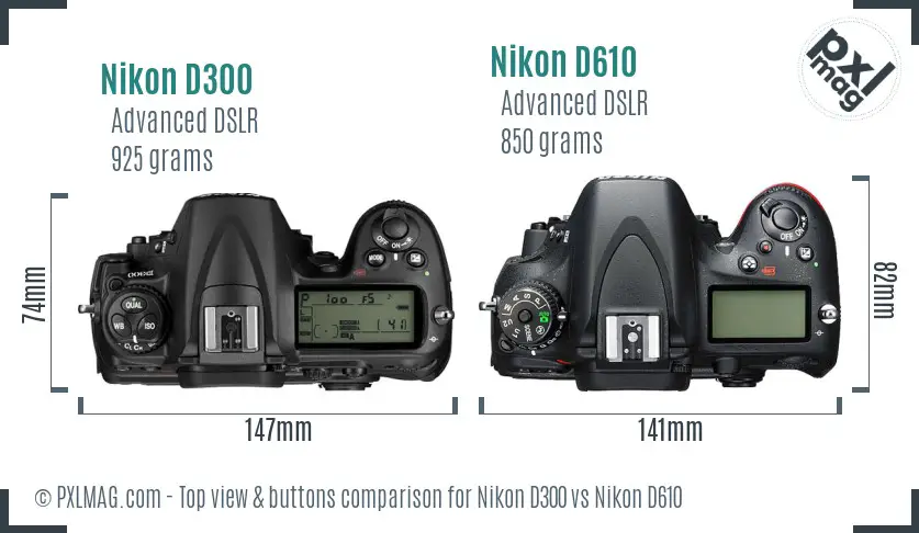 Nikon D300 vs Nikon D610 top view buttons comparison