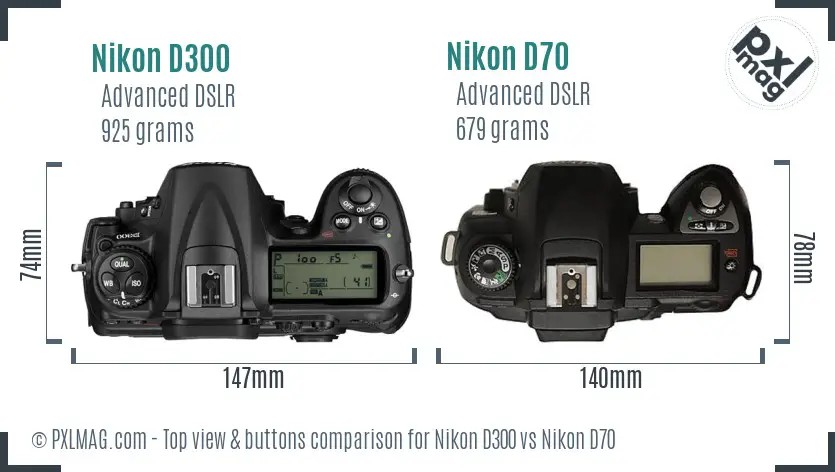 Nikon D300 vs Nikon D70 top view buttons comparison