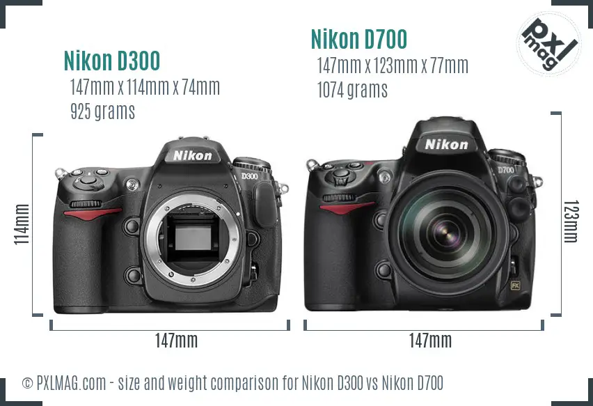 Nikon D300 vs Nikon D700 size comparison
