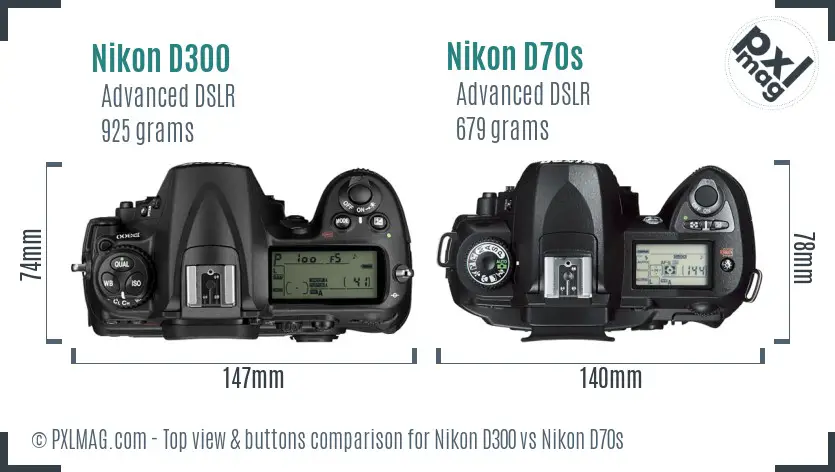 Nikon D300 vs Nikon D70s top view buttons comparison