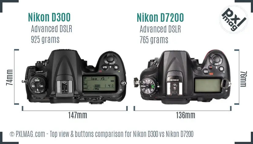 Nikon D300 vs Nikon D7200 top view buttons comparison
