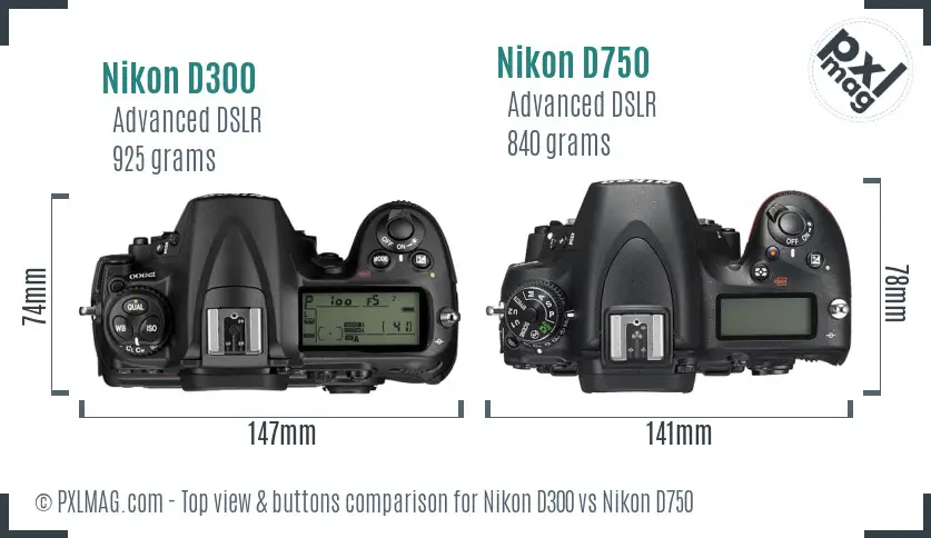 Nikon D300 vs Nikon D750 top view buttons comparison Nikon D300 vs Nikon D750 top view buttons comparison