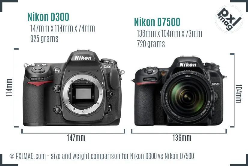 Nikon D300 vs Nikon D7500 size comparison