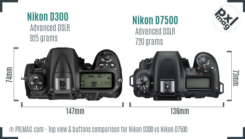 Nikon D300 vs Nikon D7500 top view buttons comparison