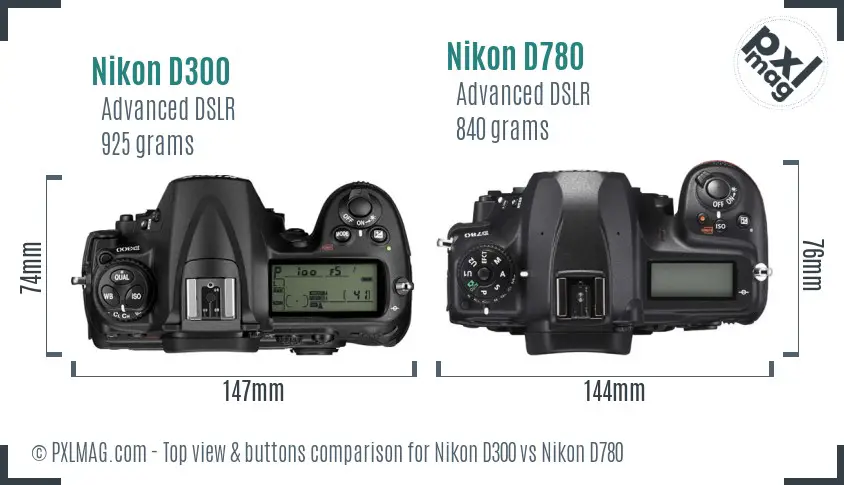 Nikon D300 vs Nikon D780 top view buttons comparison