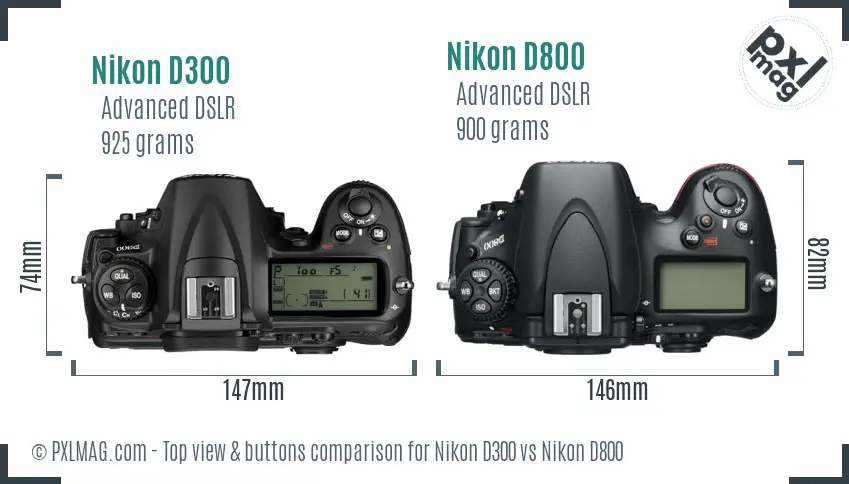 Nikon D300 vs Nikon D800 top view buttons comparison