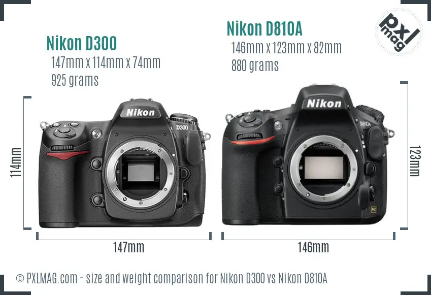 Nikon D300 vs Nikon D810A size comparison