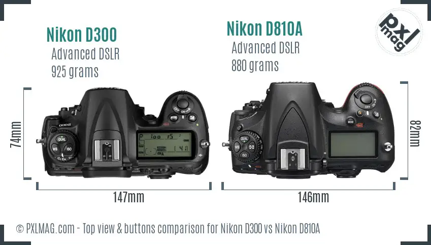 Nikon D300 vs Nikon D810A top view buttons comparison