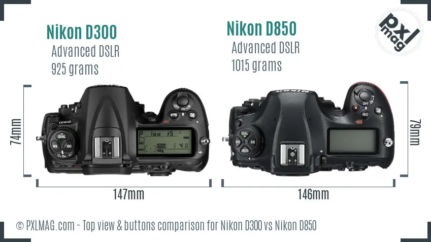 Nikon D300 vs Nikon D850 top view buttons comparison