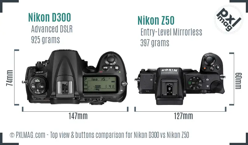 Nikon D300 vs Nikon Z50 top view buttons comparison Nikon D300 vs Nikon Z50 top view buttons comparison