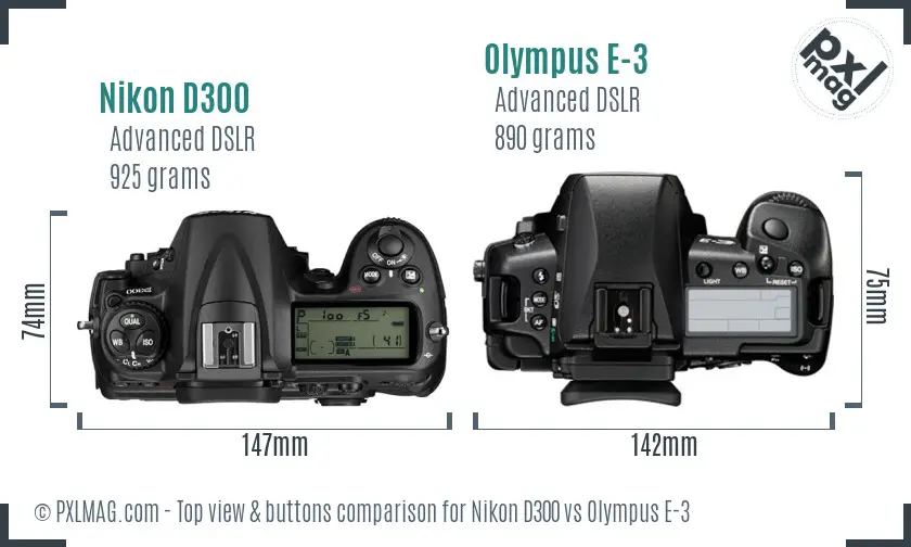 Nikon D300 vs Olympus E-3 top view buttons comparison