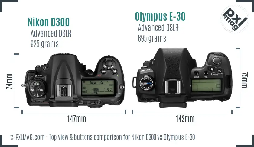Nikon D300 vs Olympus E-30 top view buttons comparison