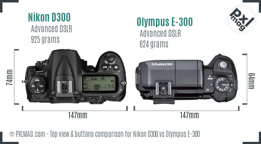 Nikon D300 vs Olympus E-300 top view buttons comparison