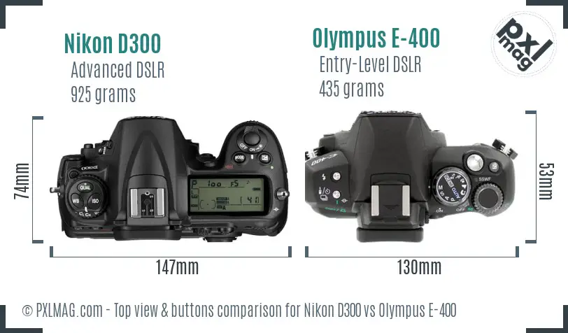 Nikon D300 vs Olympus E-400 top view buttons comparison