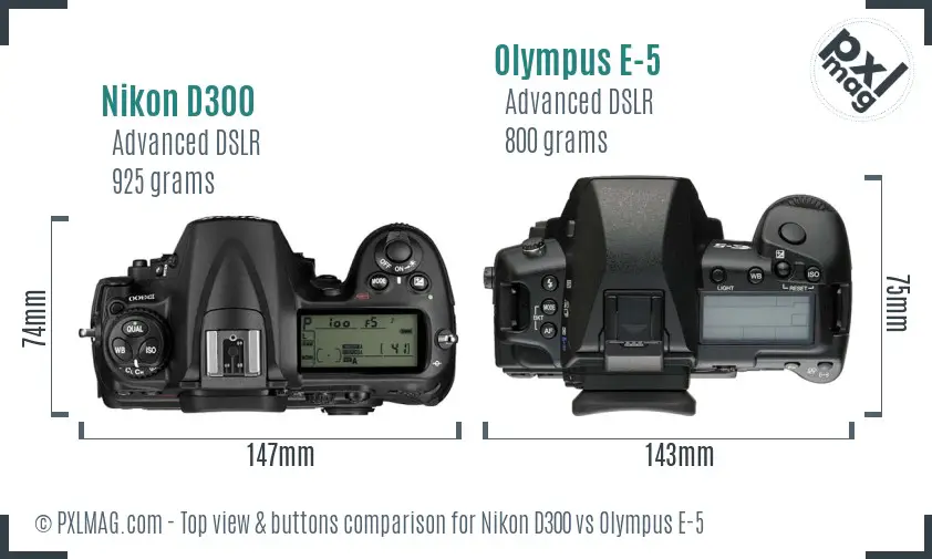Nikon D300 vs Olympus E-5 top view buttons comparison