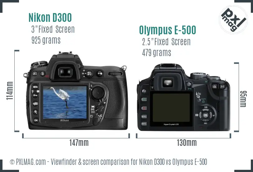 Nikon D300 vs Olympus E-500 Screen and Viewfinder comparison