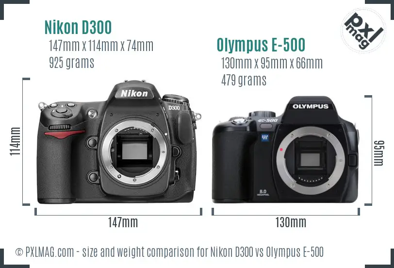 Nikon D300 vs Olympus E-500 size comparison