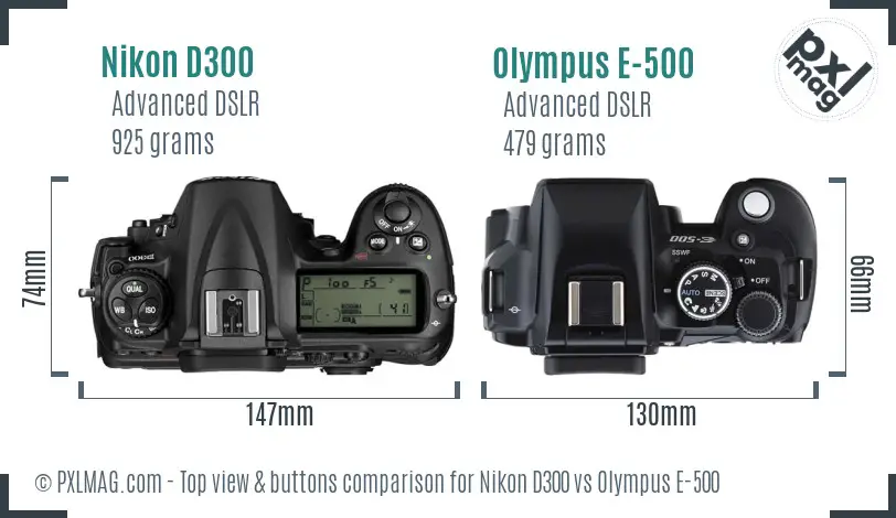 Nikon D300 vs Olympus E-500 top view buttons comparison