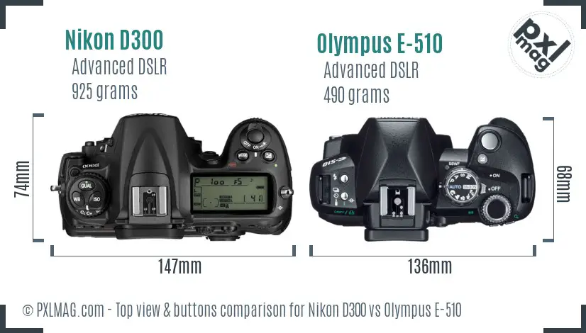 Nikon D300 vs Olympus E-510 top view buttons comparison