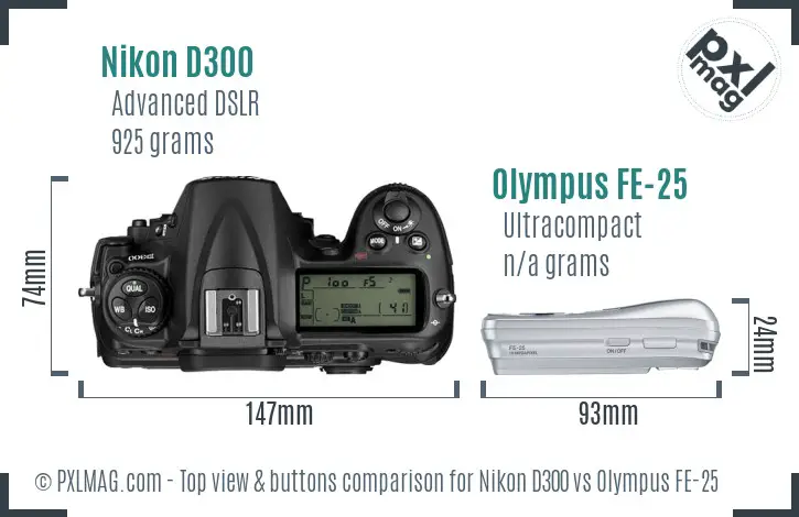 Nikon D300 vs Olympus FE-25 top view buttons comparison