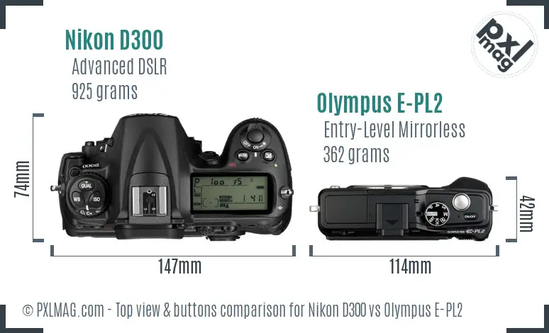 Nikon D300 vs Olympus E-PL2 top view buttons comparison