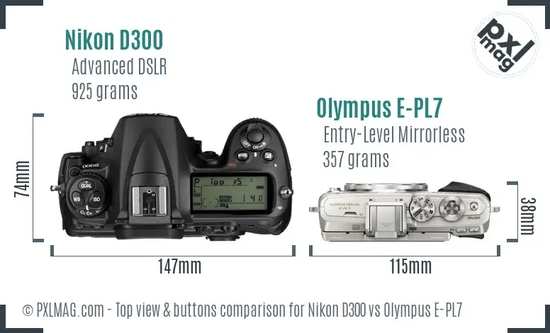 Nikon D300 vs Olympus E-PL7 top view buttons comparison