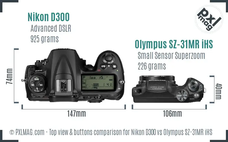 Nikon D300 vs Olympus SZ-31MR iHS top view buttons comparison