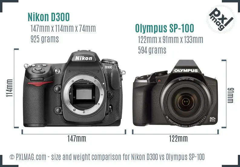 Nikon D300 vs Olympus SP-100 size comparison