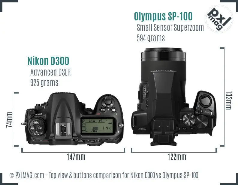Nikon D300 vs Olympus SP-100 top view buttons comparison