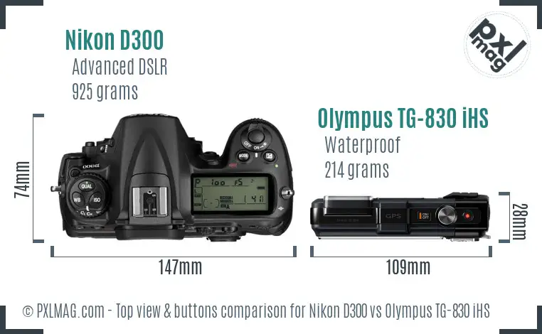 Nikon D300 vs Olympus TG-830 iHS top view buttons comparison