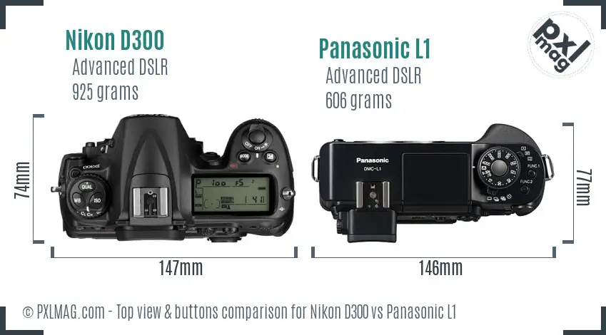 Nikon D300 vs Panasonic L1 top view buttons comparison