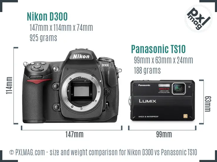 Nikon D300 vs Panasonic TS10 size comparison