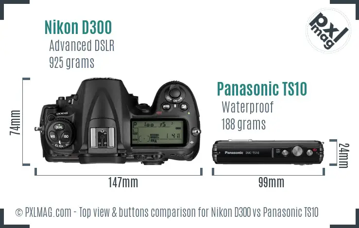 Nikon D300 vs Panasonic TS10 top view buttons comparison