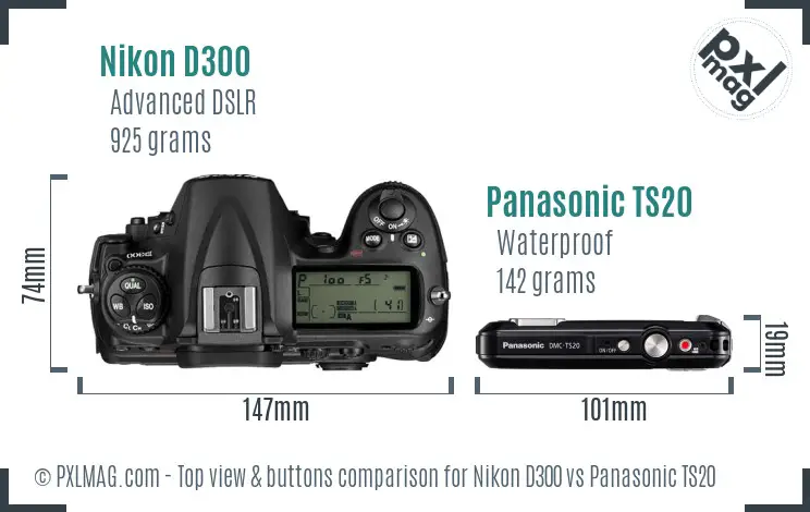 Nikon D300 vs Panasonic TS20 top view buttons comparison