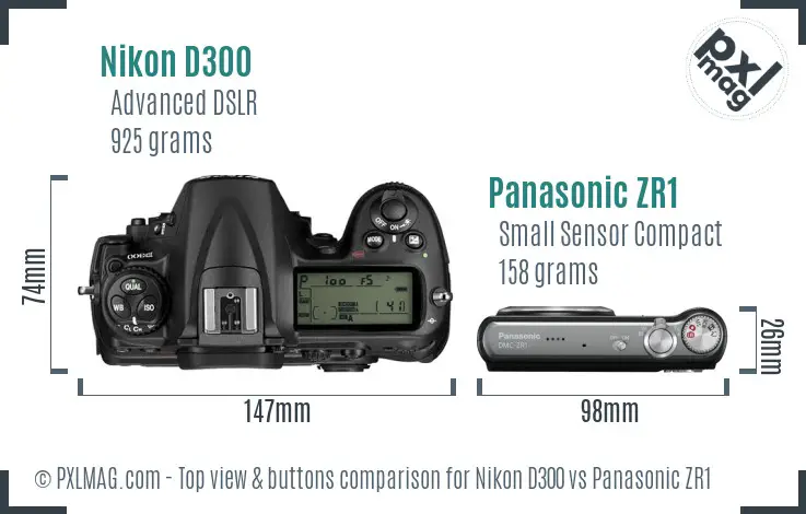 Nikon D300 vs Panasonic ZR1 top view buttons comparison