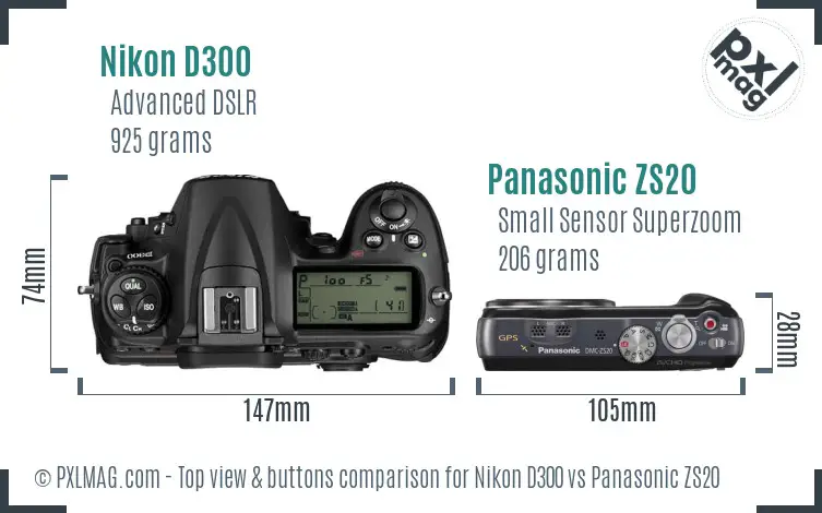 Nikon D300 vs Panasonic ZS20 top view buttons comparison