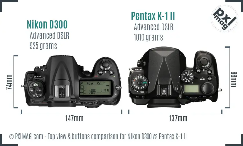 Nikon D300 vs Pentax K-1 II top view buttons comparison