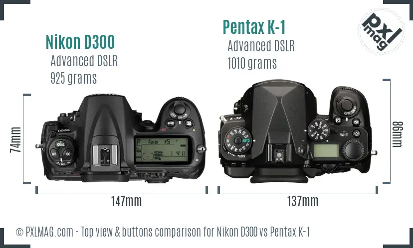 Nikon D300 vs Pentax K-1 top view buttons comparison
