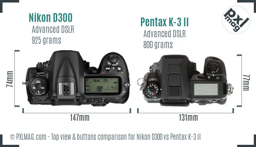 Nikon D300 vs Pentax K-3 II top view buttons comparison