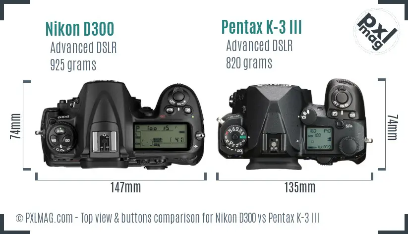 Nikon D300 vs Pentax K-3 III top view buttons comparison