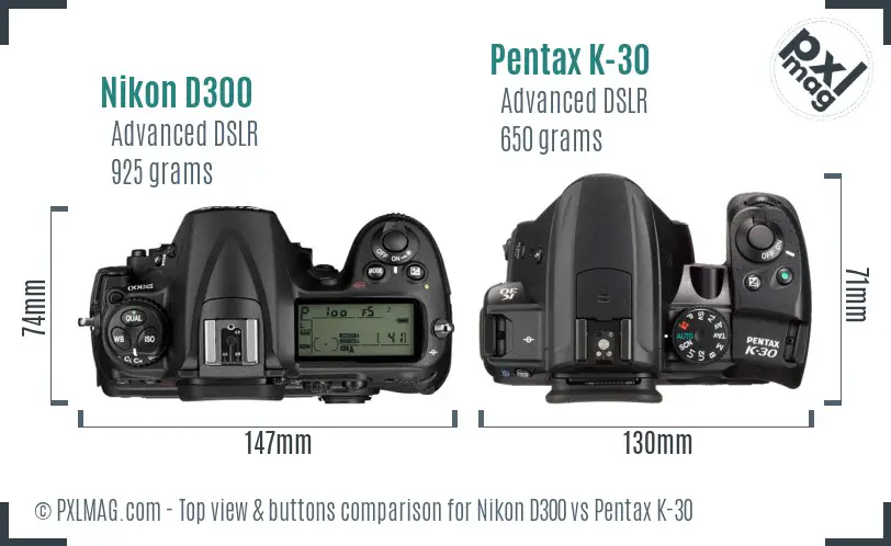 Nikon D300 vs Pentax K-30 top view buttons comparison