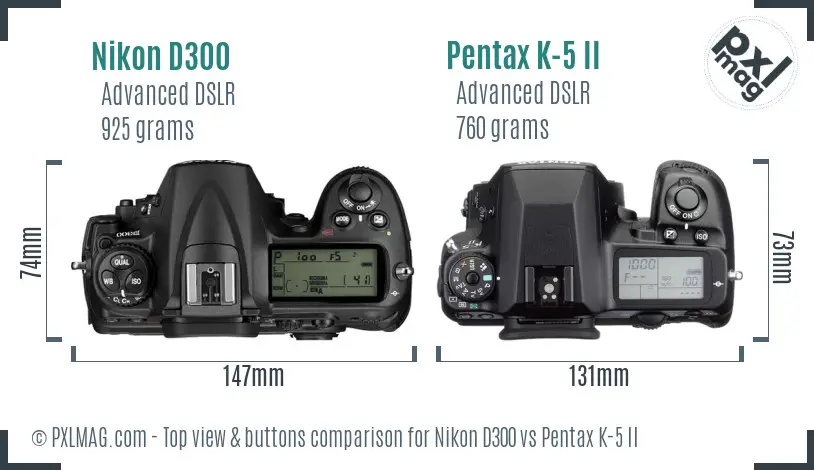 Nikon D300 vs Pentax K-5 II top view buttons comparison Nikon D300 vs Pentax K-5 II top view buttons comparison