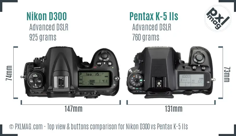 Nikon D300 vs Pentax K-5 IIs top view buttons comparison