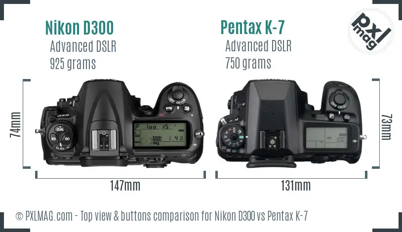 Nikon D300 vs Pentax K-7 top view buttons comparison