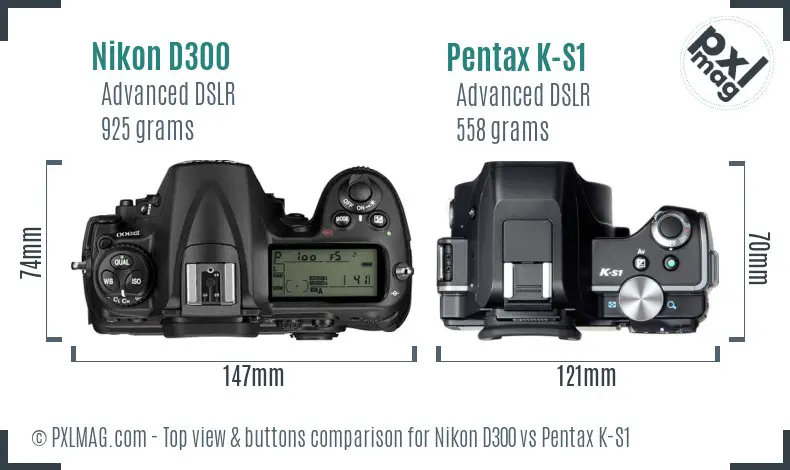 Nikon D300 vs Pentax K-S1 top view buttons comparison