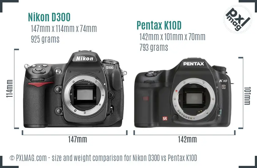 Nikon D300 vs Pentax K10D size comparison