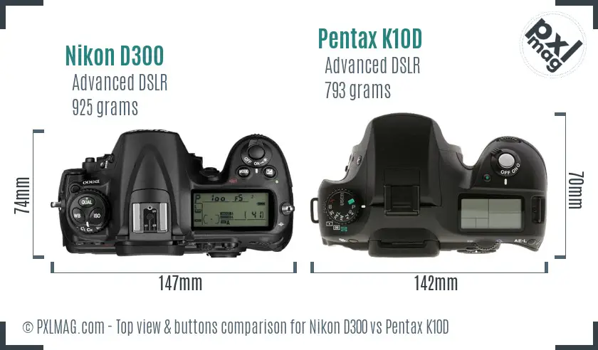 Nikon D300 vs Pentax K10D top view buttons comparison