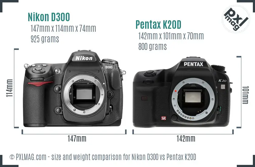 Nikon D300 vs Pentax K20D size comparison